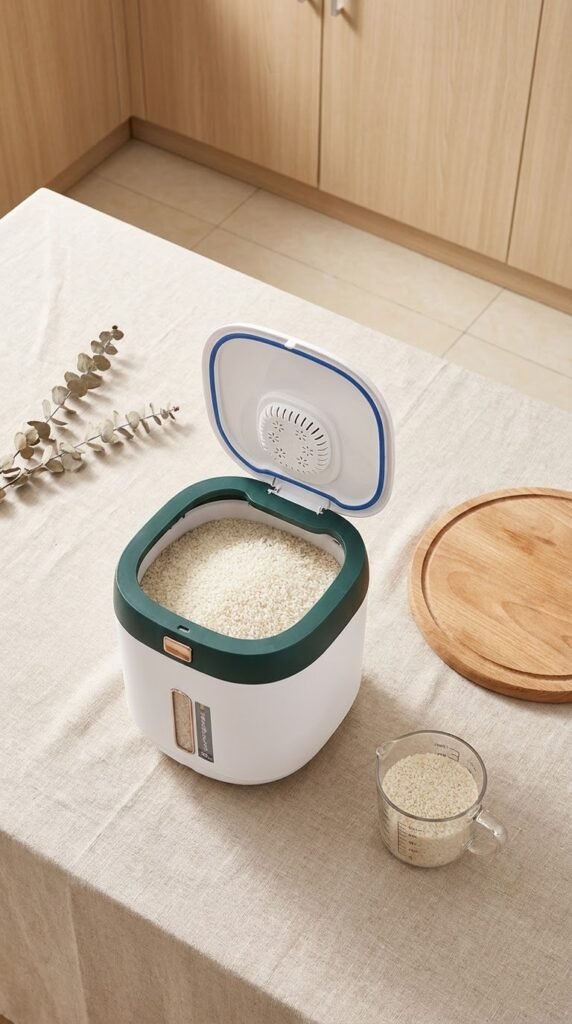 Portable Rice Bucket With Measuring Cup โ Pantry Guide ๐ณ Kitchen Gadgets Portable Rice Bucket With Measuring Cup โ Pantry Guide - Gadgetsorder